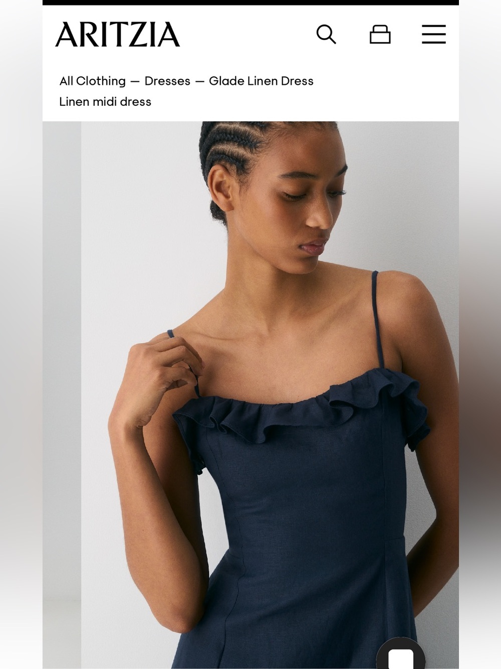 Aritzia Navy Ruffle-Trim Linen Midi Dress